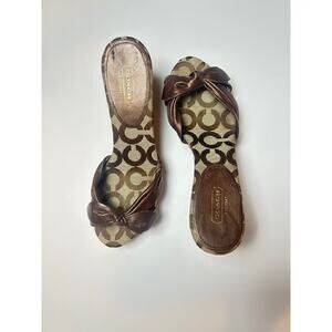 Coach Karen Cork Heels Slide Sandals Optic C Brown Leather Bow Y2K Size 8 NWOT